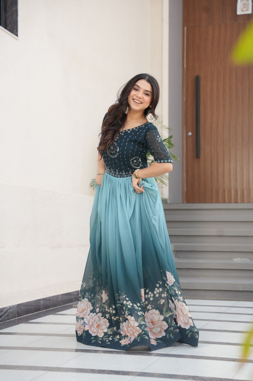 Women's Elegant Teal & Aqua Ombre Gown with Floral Printed Flair & Embellished Bodice – Perfect for Summer Festivities & Parties - Image 4