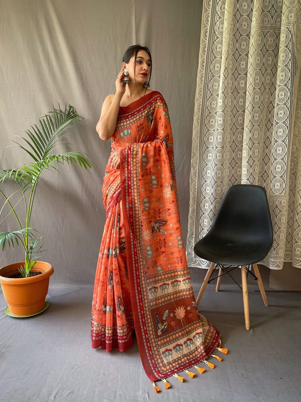 Women's Artistic Terracotta Orange Linen Saree with Kalamkari Inspired Print & Tassel Detailing – Perfect for Casual Festivities & Cultural Events - Image 2